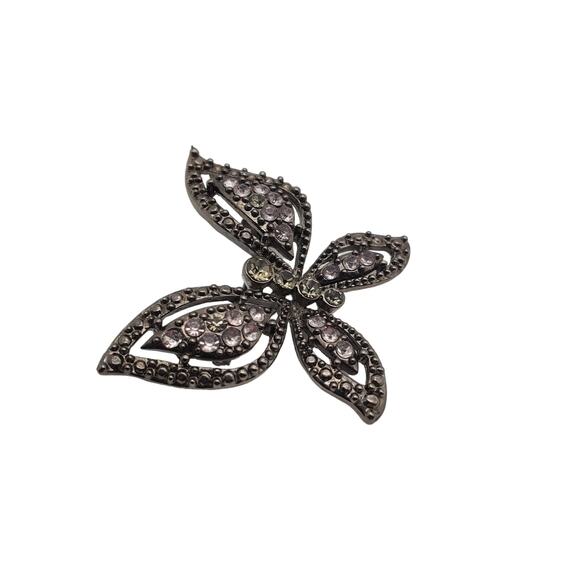 Dark Rhinestone Butterfly Brooch Pink Green Crystal Insect Vintage Pin Gunmetal - Picture 4 of 7